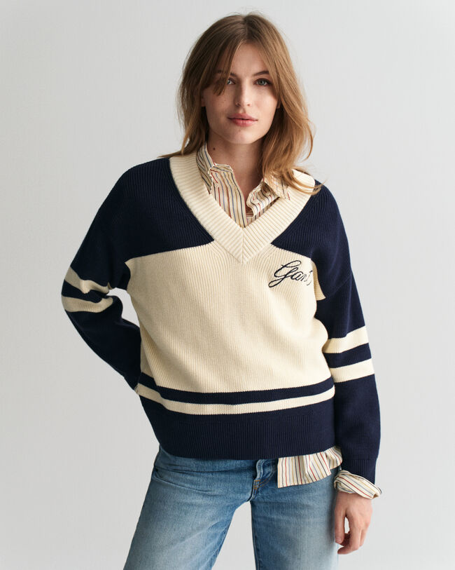 Puuvillainen GANT Varsity ‑v‑neulepusero