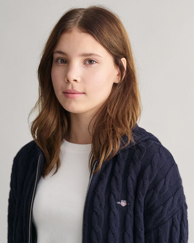 Teen Girls ‑malliston lyhyt palmikkoneulottu Shield-vetoketjuhuppari