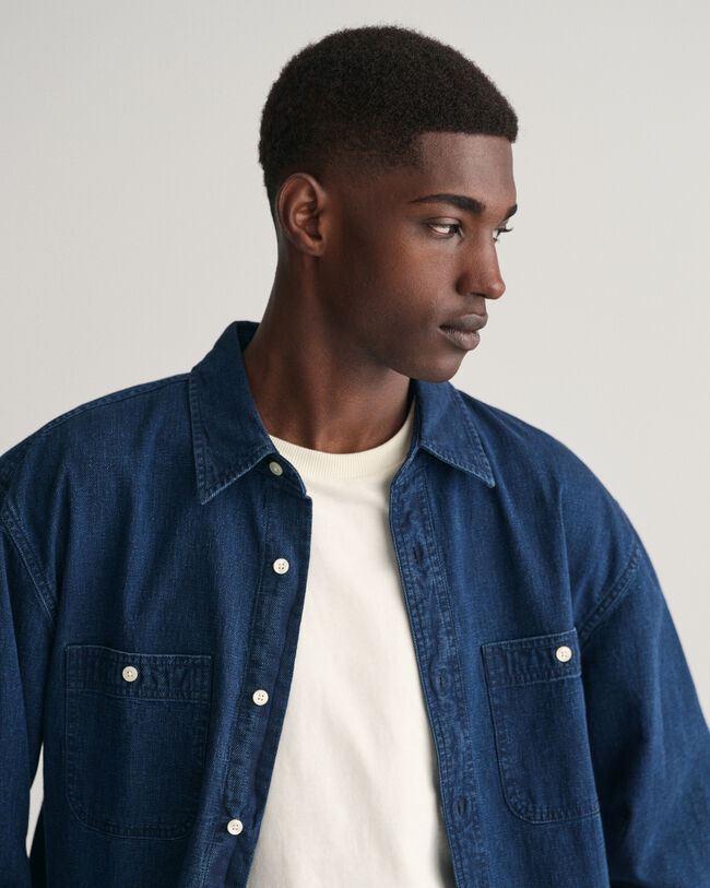 Relaxed fit ‑mitoitettu indigonsininen kohopintainen paita