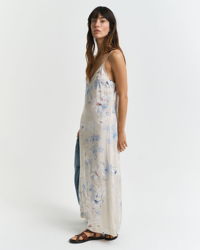 Kukkakuvioinen spagettiolkainmekko