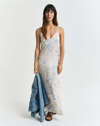 Kukkakuvioinen spagettiolkainmekko