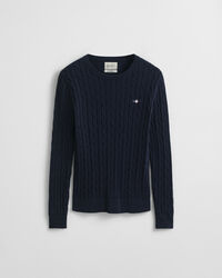 Joustopuuvillainen palmikkoneulepusero, jossa pyöreä pääntie