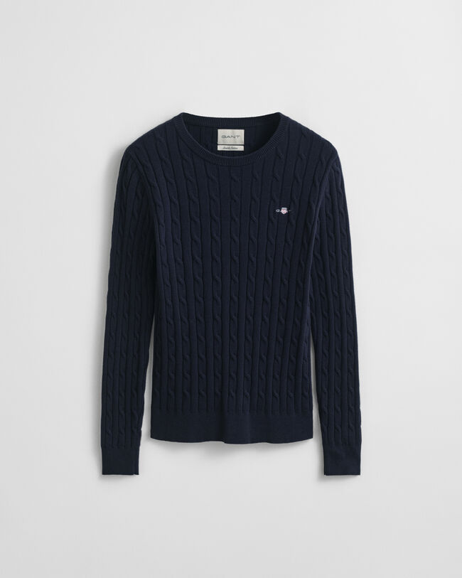 Joustopuuvillainen palmikkoneulepusero, jossa pyöreä pääntie