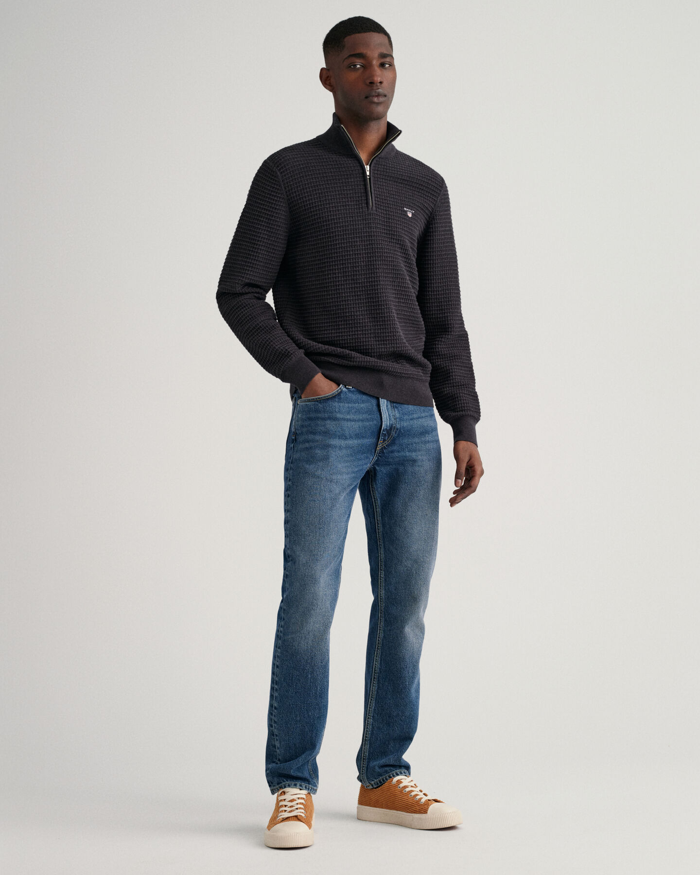 Texture-puuvillaneulepusero puolivetoketjulla