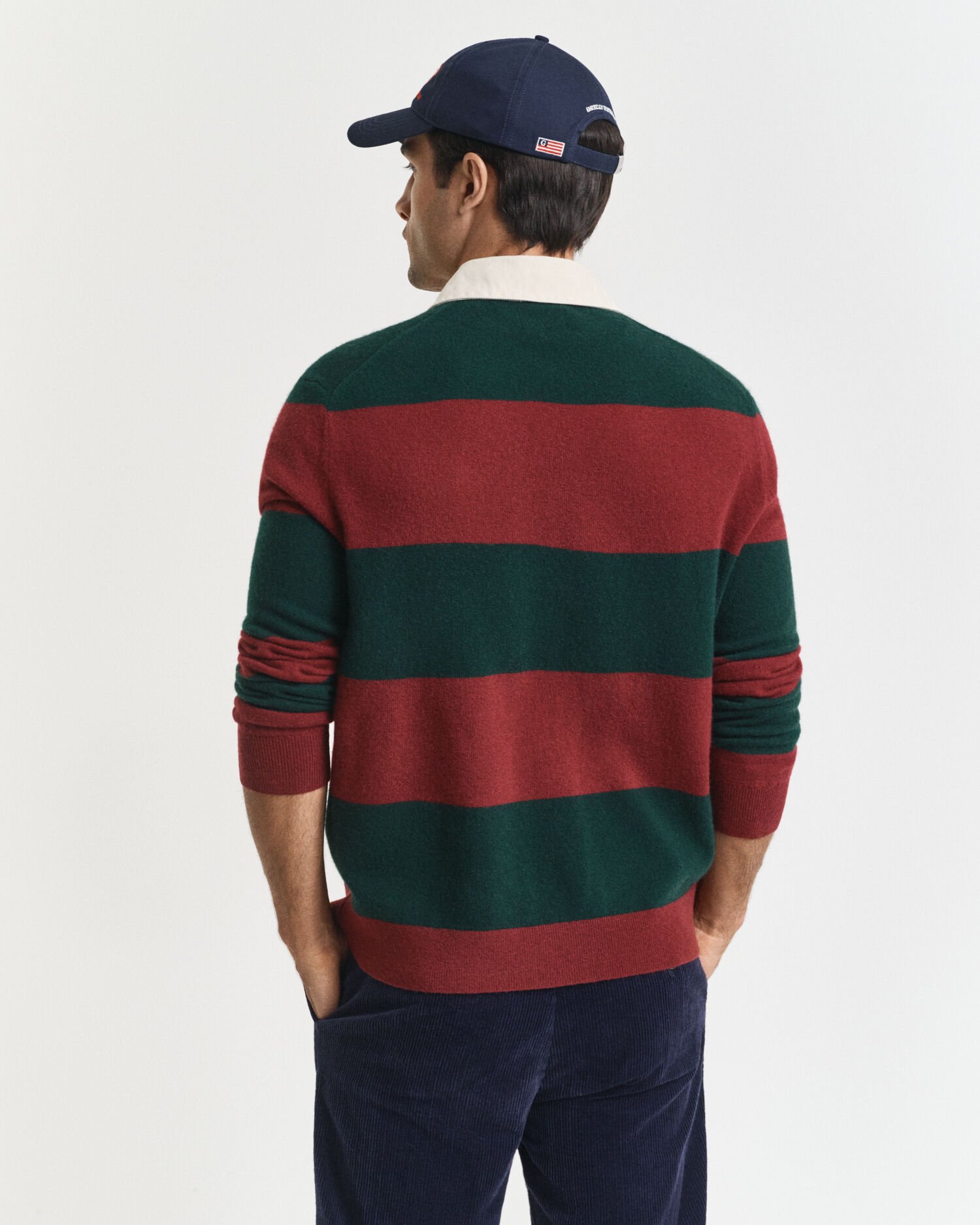 Raidallinen karitsanvillainen Rugger-neulepusero