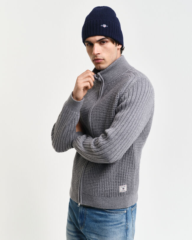 Kohopintainen vetoketjullinen neuletakki villasekoitetta