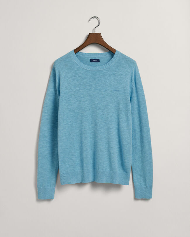 Puuvilla-pellavaneulepusero, jossa pyöreä pääntie