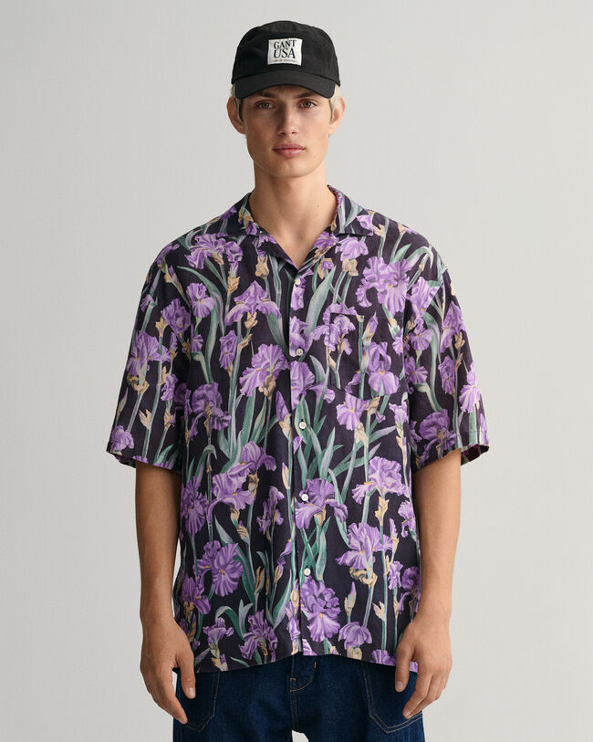 Relaxed fit ‑mitoitettu lyhythihainen Iris Print ‑pellava-lyosellipaita