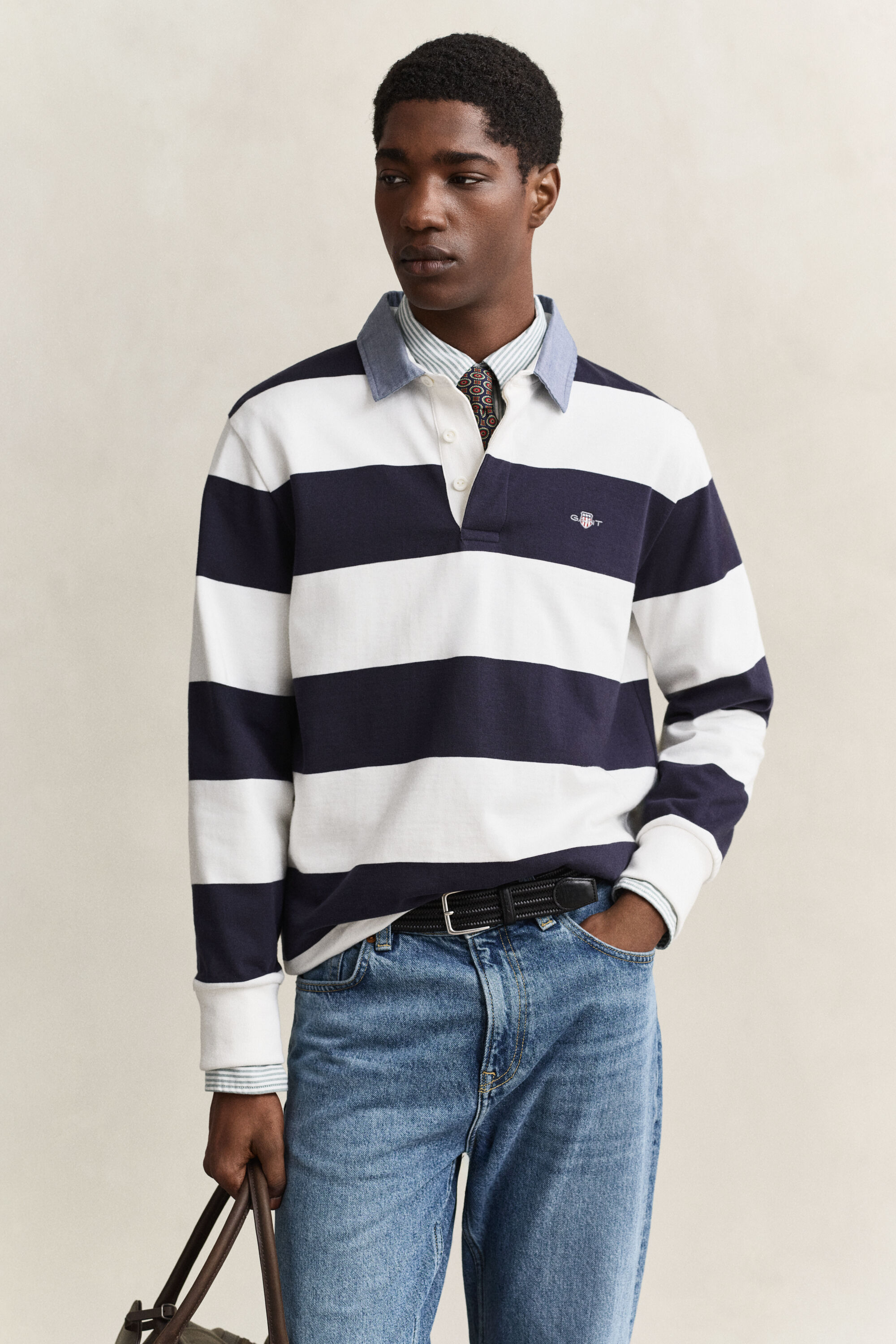 Raidallinen Heavy Rugger ‑paita chambray-kauluksella