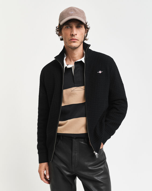 Kohopintainen vetoketjullinen puuvillaneuletakki