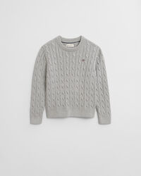 Kids-malliston puuvillainen Shield-palmikkoneulepusero, jossa pyöreä pääntie