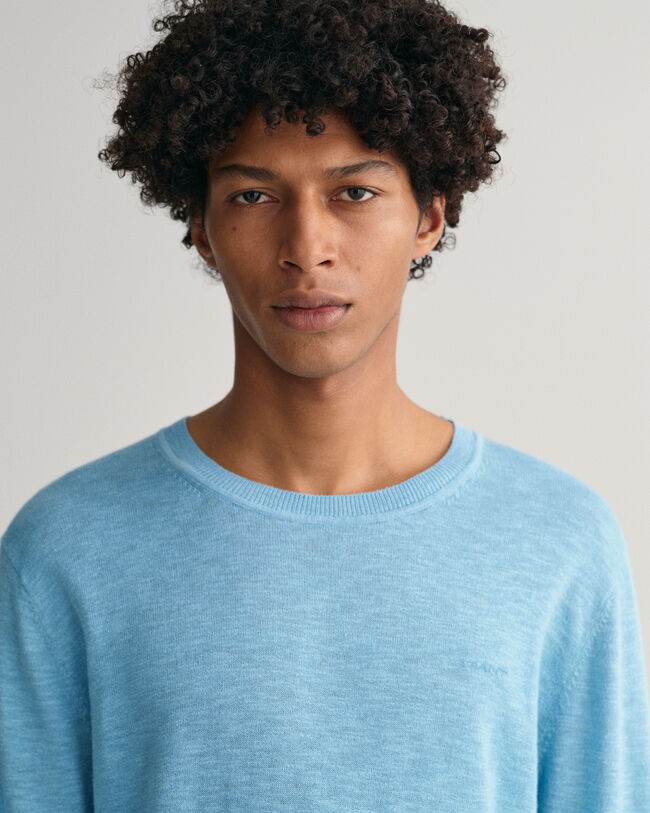 Puuvilla-pellavaneulepusero, jossa pyöreä pääntie