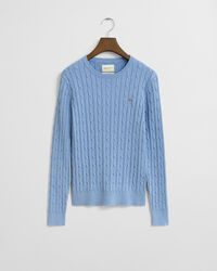 Joustopuuvillainen palmikkoneulepusero, jossa pyöreä pääntie