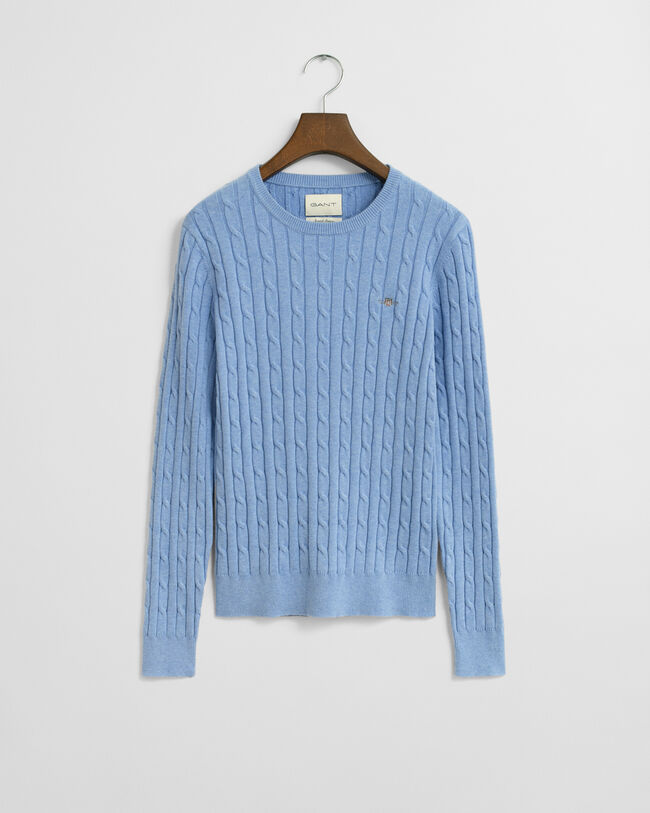 Joustopuuvillainen palmikkoneulepusero, jossa pyöreä pääntie