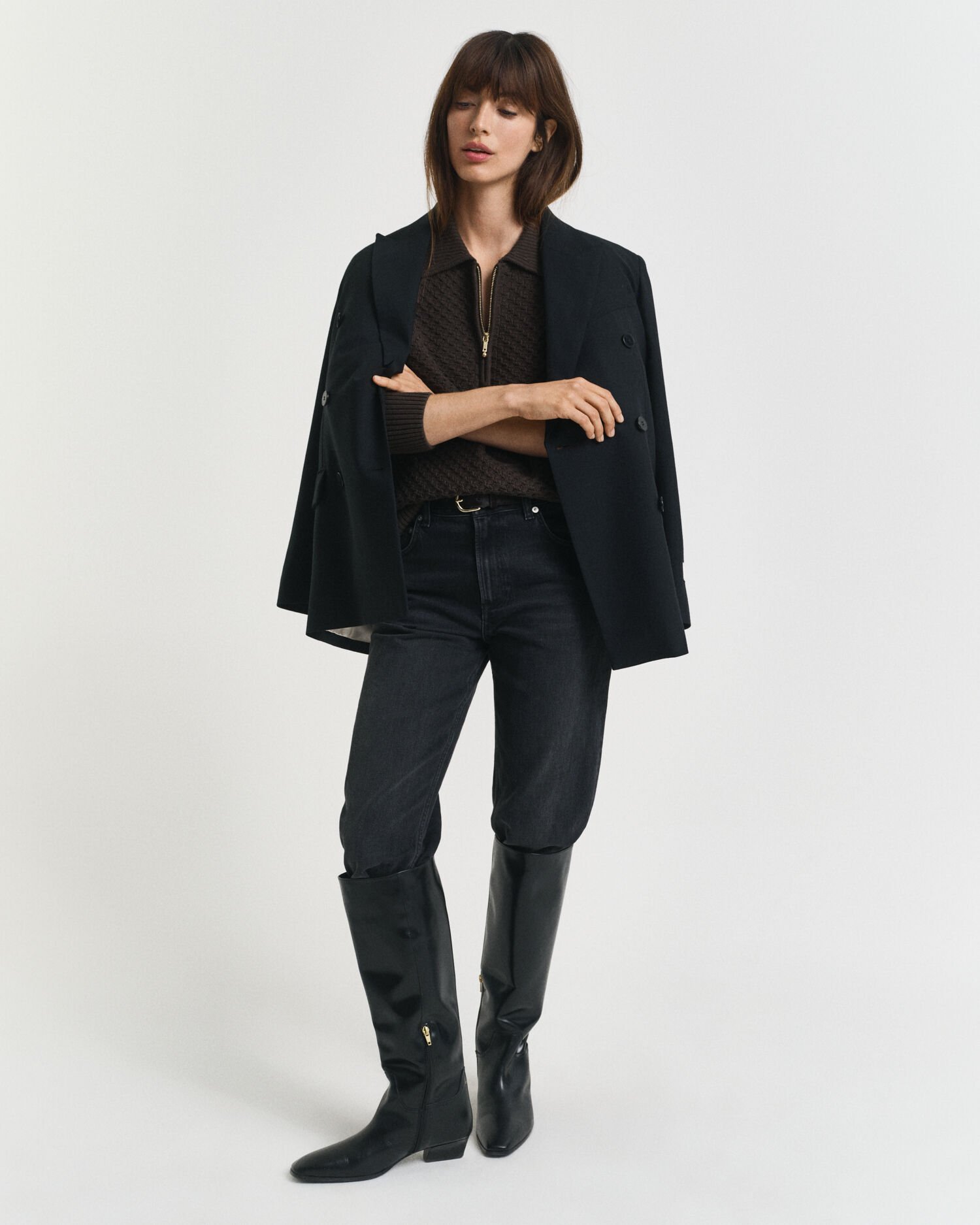 Kohopintainen puuvillaneulepusero, vetoketjukaulus