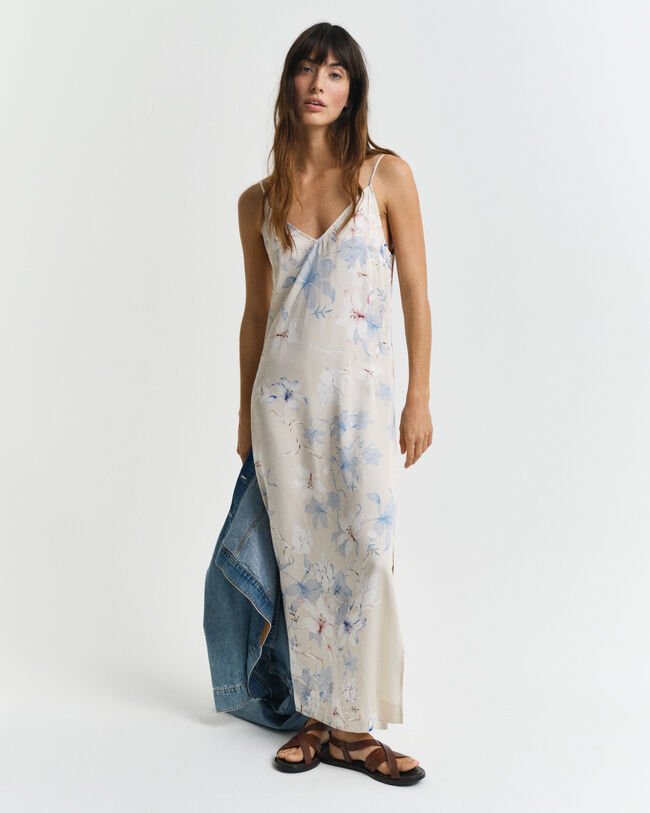 Kukkakuvioinen spagettiolkainmekko