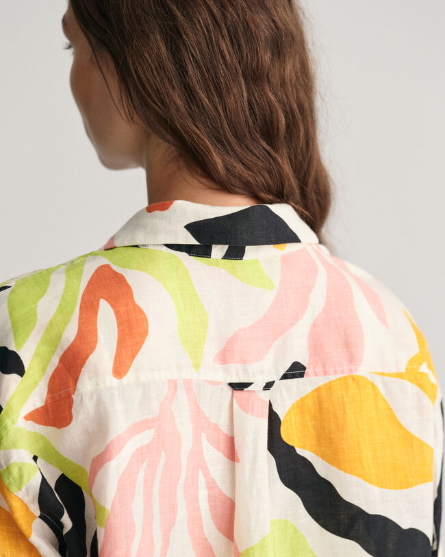 Relaxed&nbsp;fit ‑mitoitettu lyhythihainen Palm Print -pellavapaita