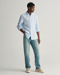 Slim&nbsp;fit ‑mitoitettu kukonaskelkuvioinen pellavapaita