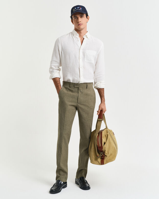 Slim&nbsp;fit ‑mitoitetut puuvilla-pellavaiset puvunhousut