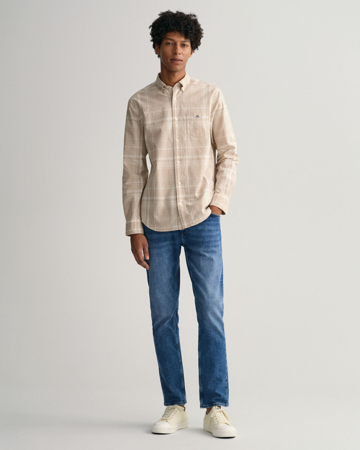 Regular fit ‑mitoitettu ruutupaita puuvillan ja pellavan sekoitteesta